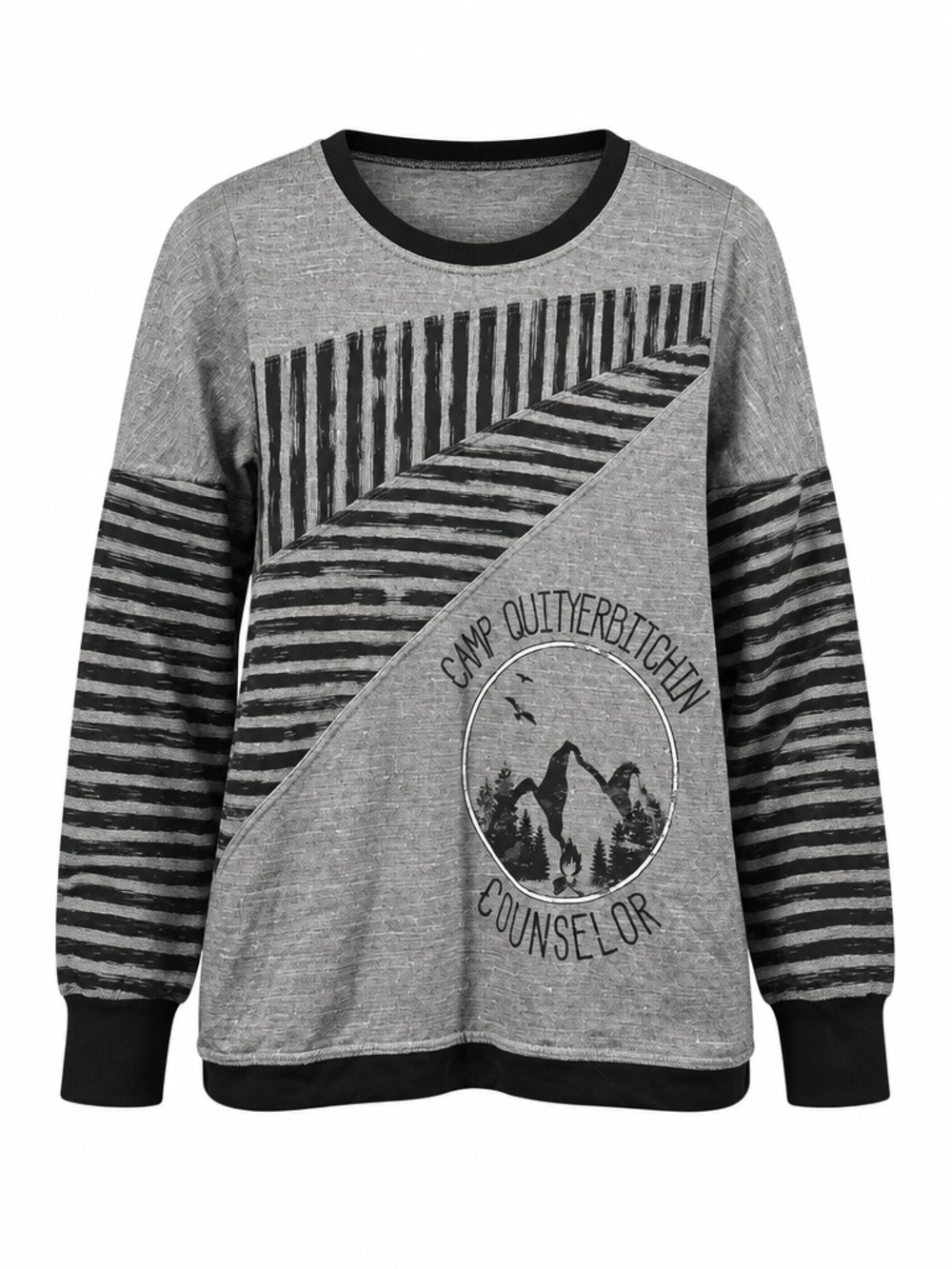 Gray Graphic Striped Crewneck Sweatshirt